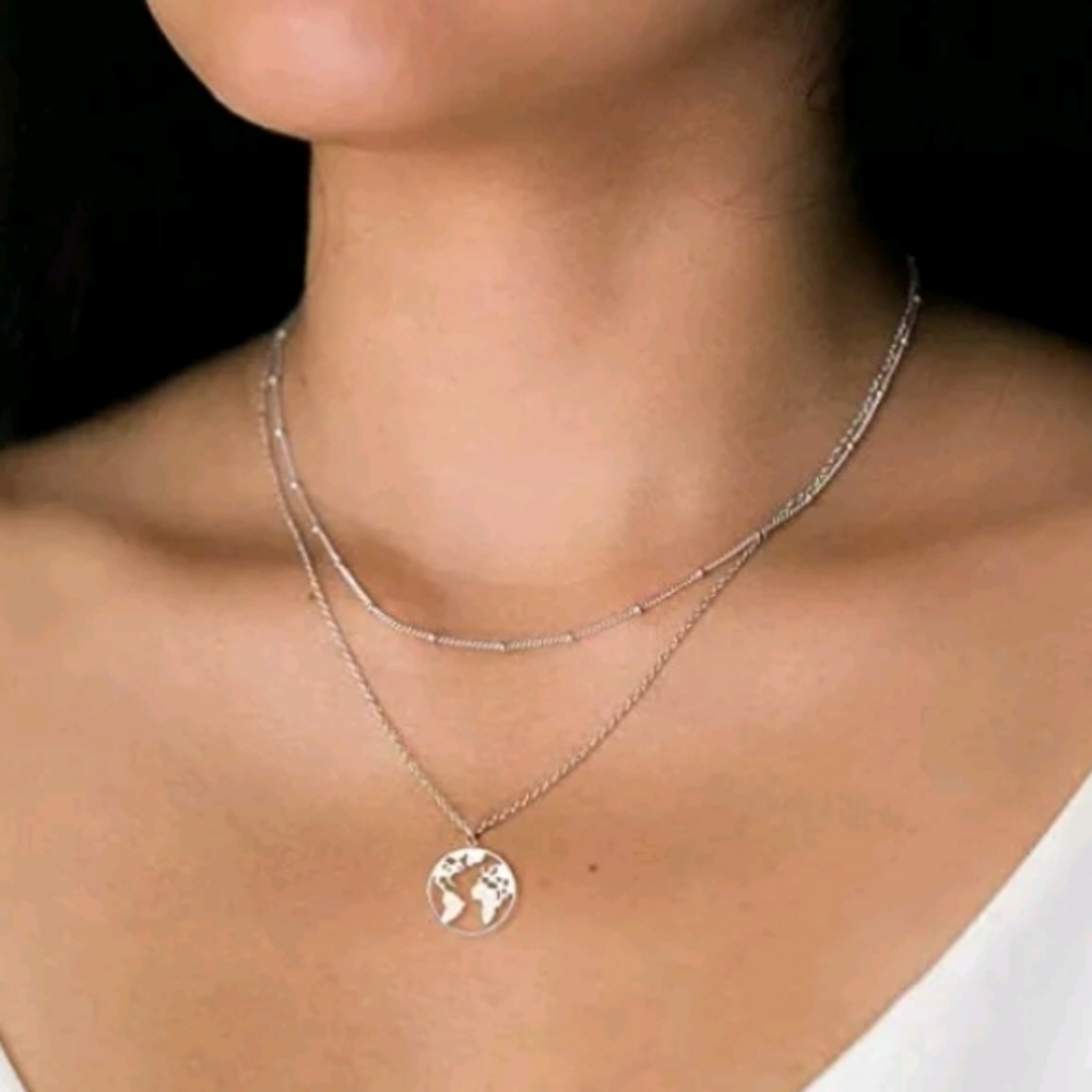 World Map Globe Necklace Gold PlatedStainlessSteel